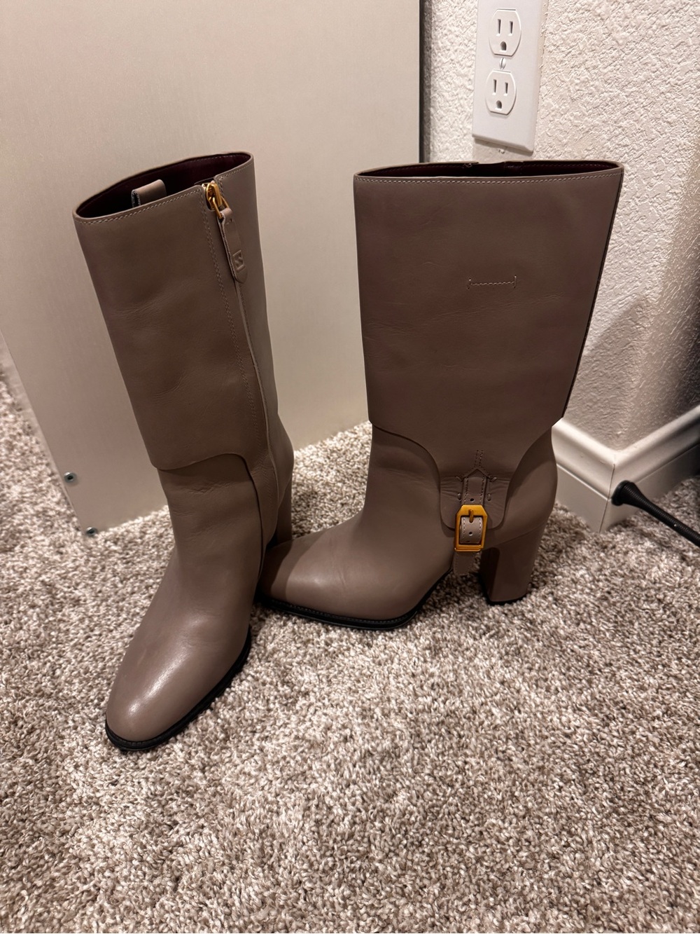 Taupe Mid-Calf Leather Block Heel Boots